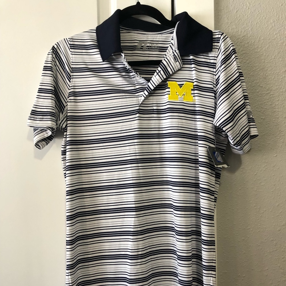 Russell Athletic Michigan Wolverines Mens Small‎ Striped Polo Shirt Navy White
